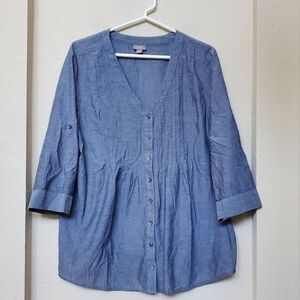 J. Jill Chambray Blue Pintuck Tab Sleeve Blouse.  Size Large